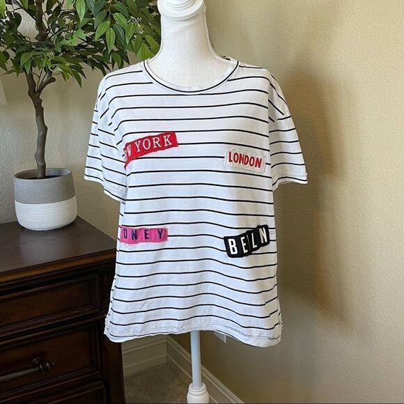 Zara Oversized Patch New York Sidney Berlin London Striped Tee Shirt Small - Picture 2 of 2